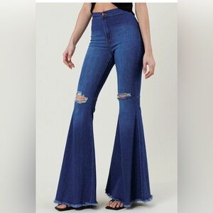 Vibrant Miu Flare Jeans Distressed Raw Hem High Rise Boho‎ Denim size 11